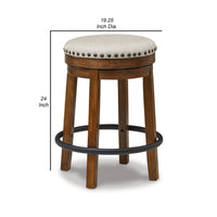 Zane 24 Inch Backless Swivel Counter Stool, Round Beige Seat, Brown Wood - BM296562