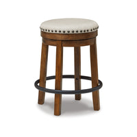 Zane 24 Inch Backless Swivel Counter Stool, Round Beige Seat, Brown Wood - BM296562