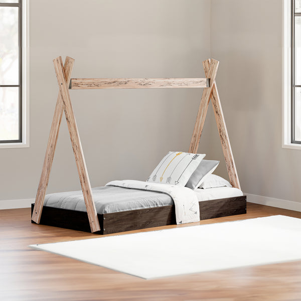 Pipa Modern Twin Size Bed, Crossed Wood A Frame Tent Stand, Jet Black Base - BM296570