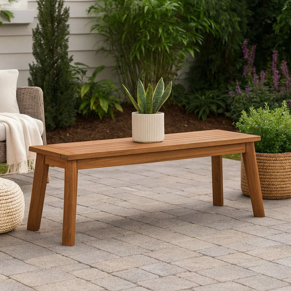 47 Inch Rectangular Bench, Natural Acacia Wood, Slatted Seat, Angled Legs - BM296581