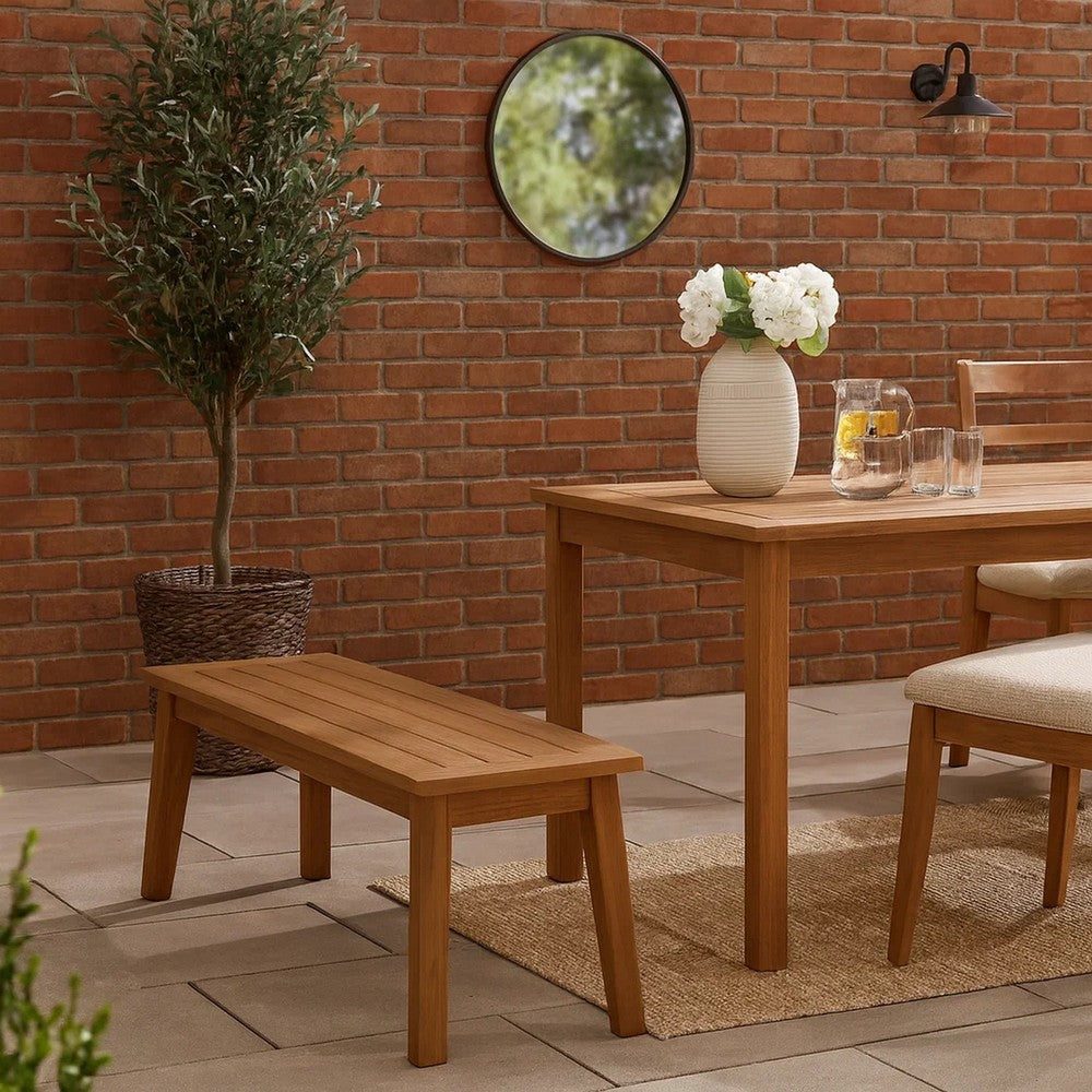 47 Inch Rectangular Bench, Natural Acacia Wood, Slatted Seat, Angled Legs - BM296581