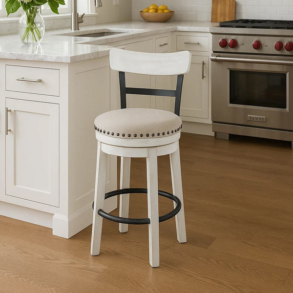 Zane 25 Inch Swivel Counter Height Stool, Round Cushioned Seat, White Wood - BM296616