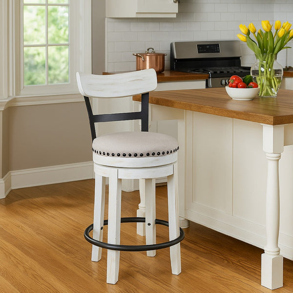 Zane 25 Inch Swivel Counter Height Stool, Round Cushioned Seat, White Wood - BM296616