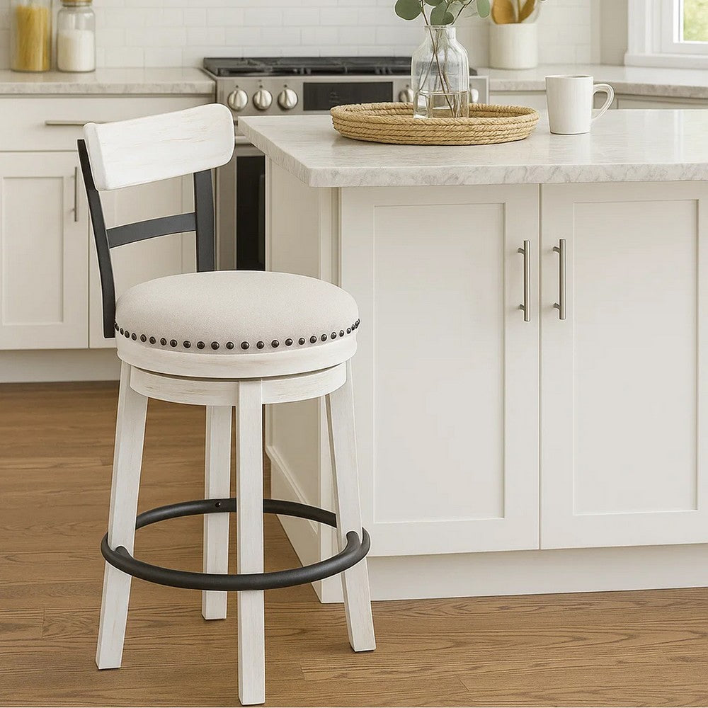 Zane 25 Inch Swivel Counter Height Stool, Round Cushioned Seat, White Wood - BM296616