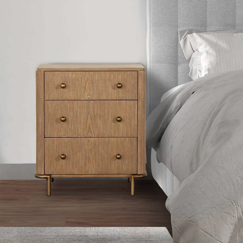 Hiz 29 Inch 3 Drawer Nightstand with Dual USB Ports Brass Legs Brown BM296627