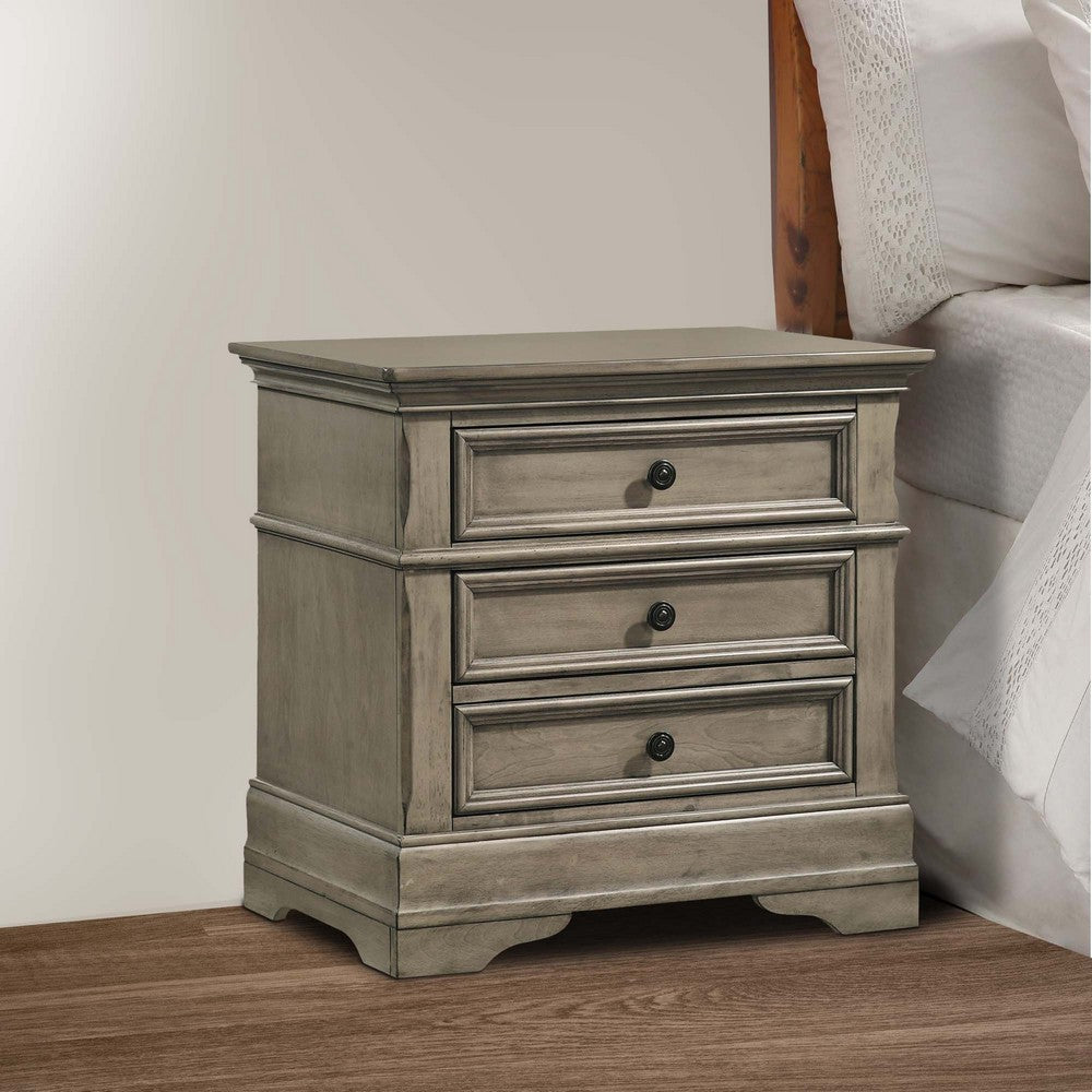 Ala 26 Inch 3 Drawer Nightstand, Felt Lined, Crown Molded, Wheat Brown Wood - BM296648