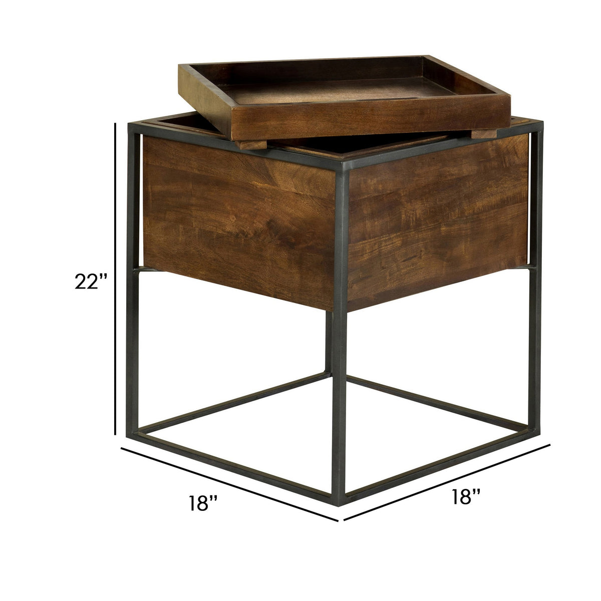 22 Inch Modern Square Accent Table, Removable Tray Top with Storage, Brown  - BM296658