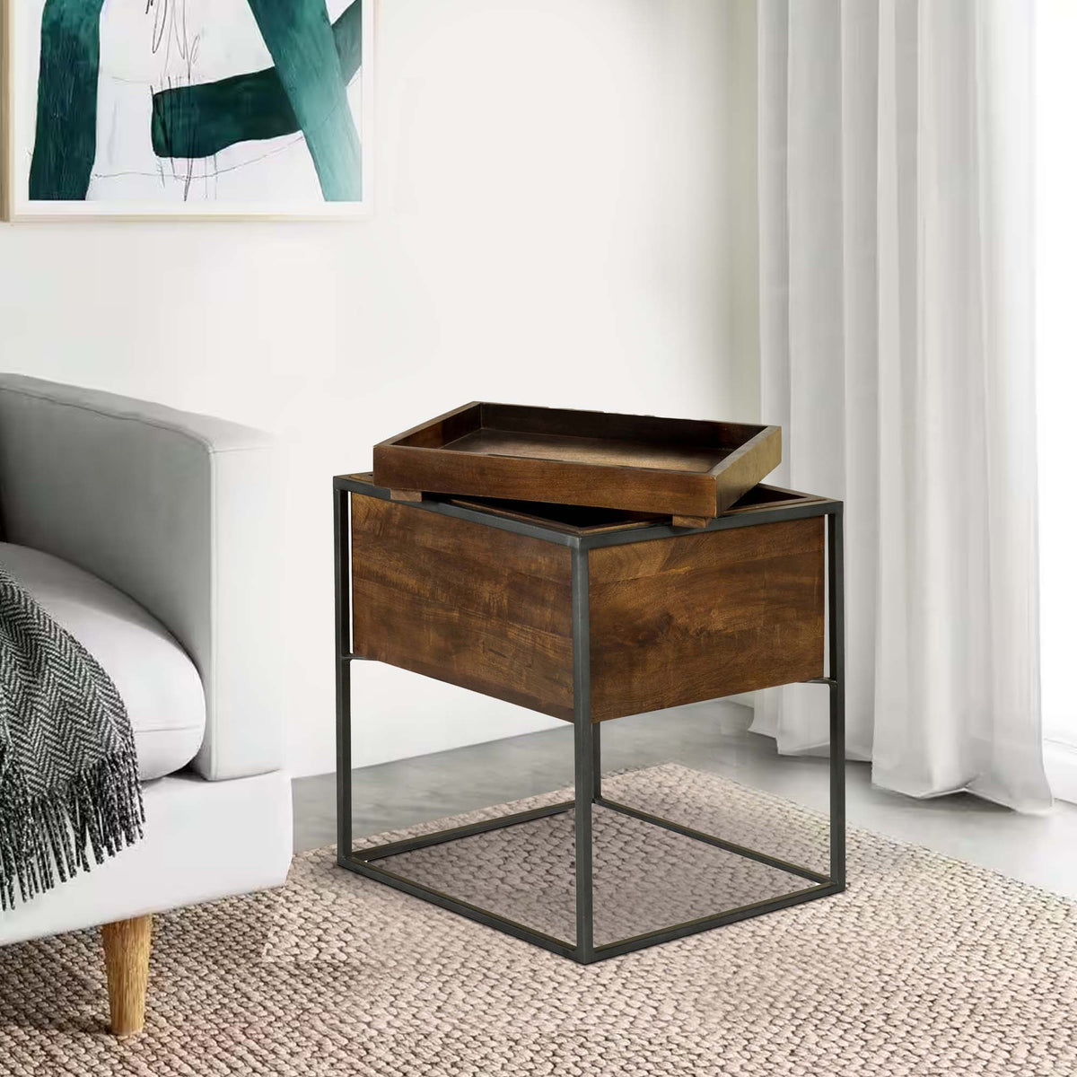 22 Inch Modern Square Accent Table, Removable Tray Top with Storage, Brown  - BM296658