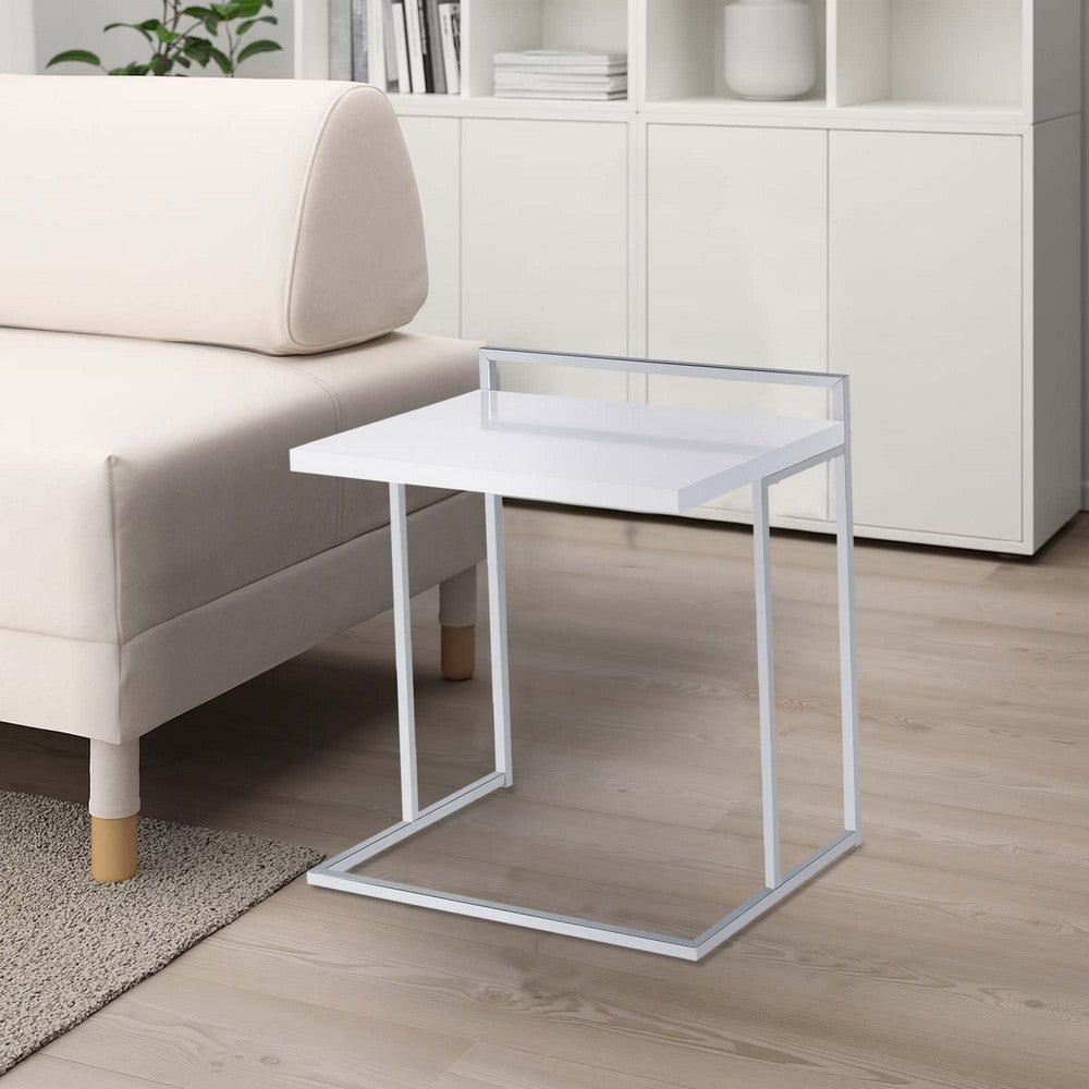 Dey 27 Inch Modern C Side Table, Gloss White Wood Top, Chrome Metal Base - BM296660