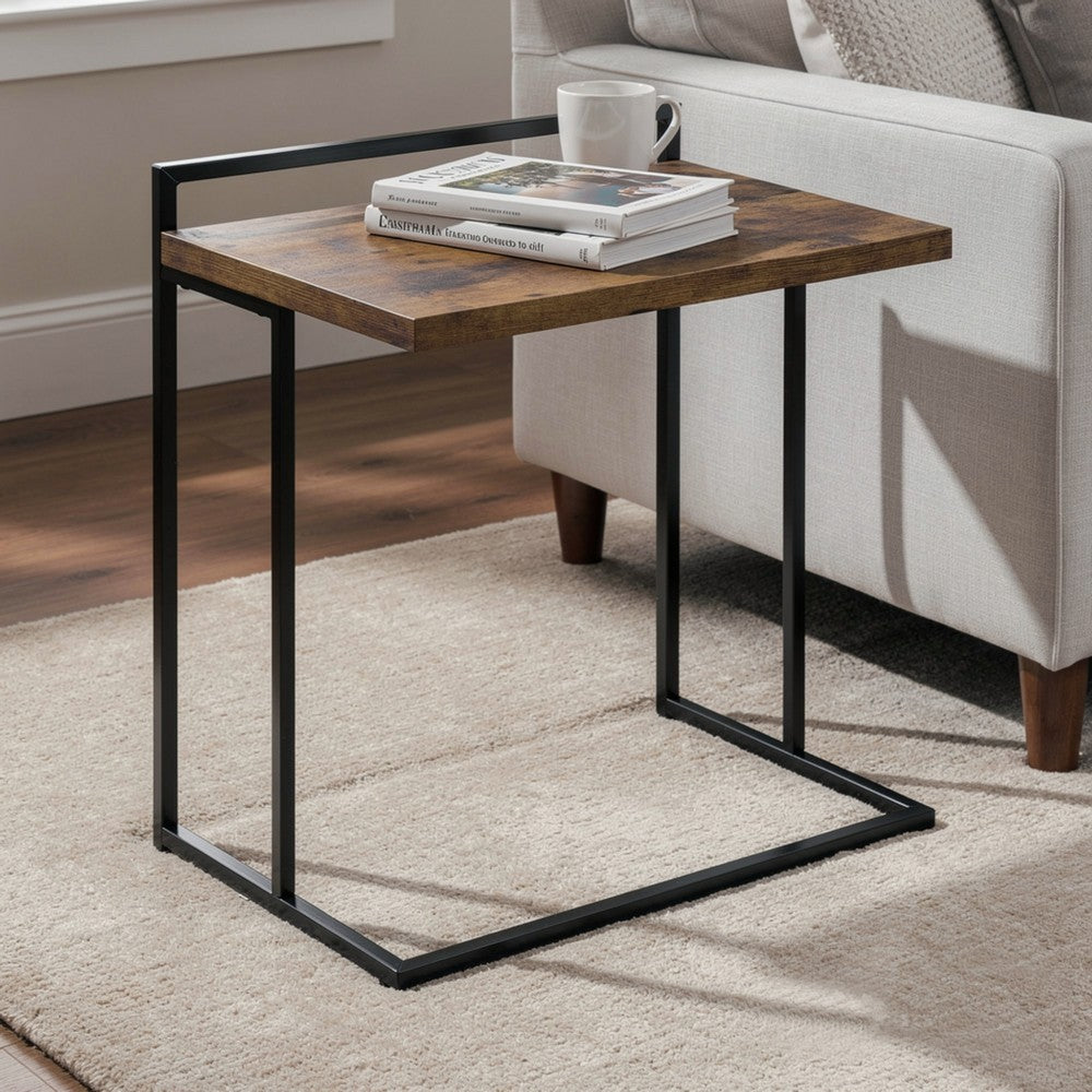 Dey 27 Inch C Shape Side End Table, Nutmeg Brown Top, Matte Black Base - BM296663