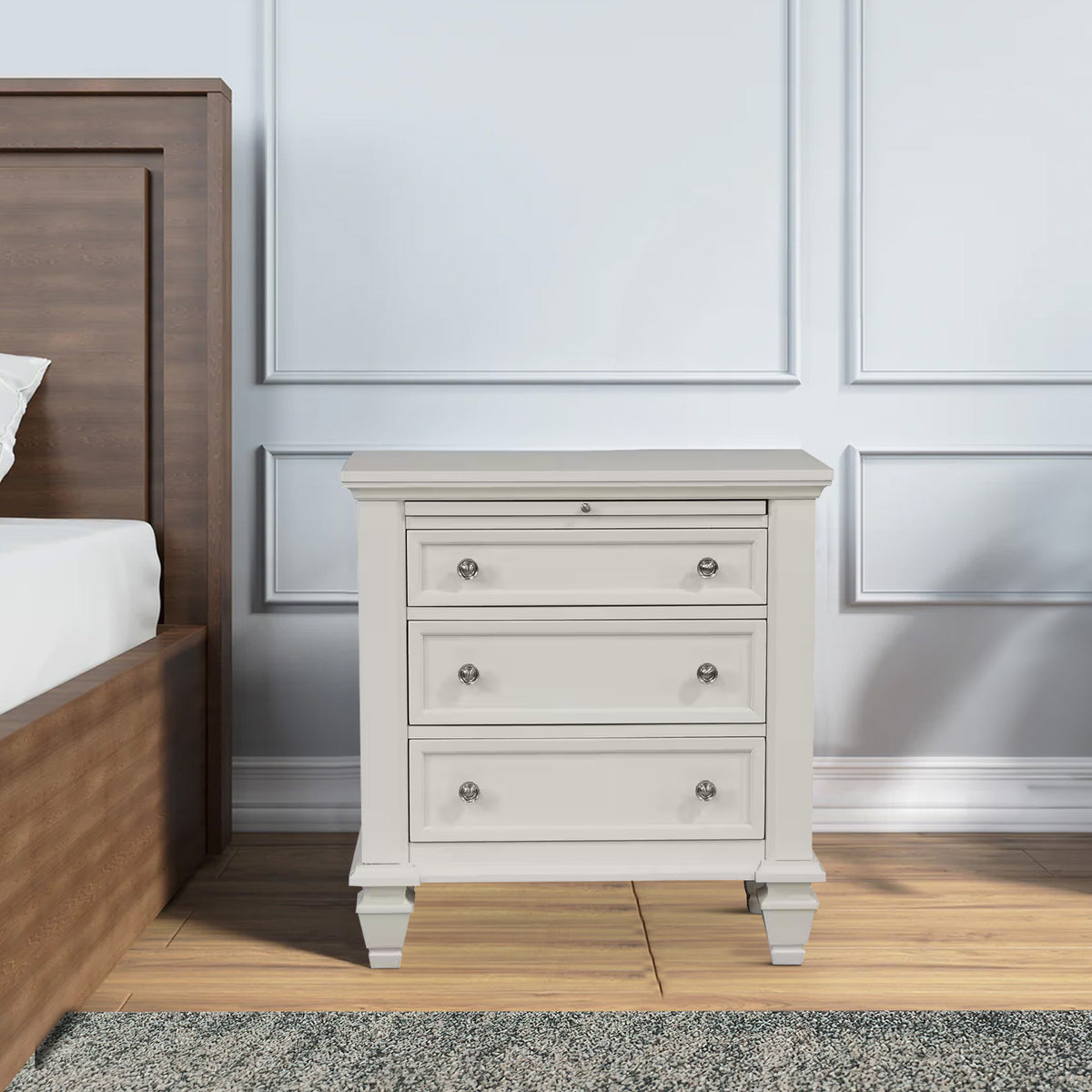 Lila 30 Inch Nightstand with Slide Out Tray, Felt Lined Top Drawer, White  - BM296705