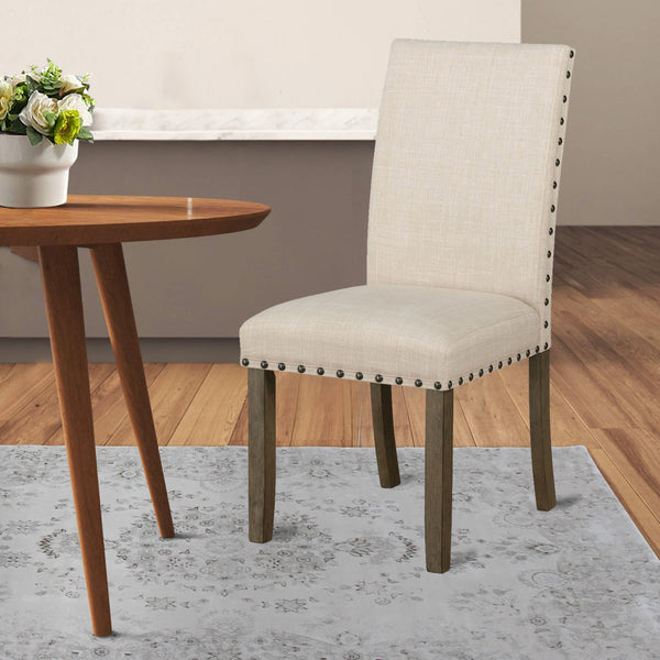 19 Inch Beige Fabric Dining Chair, Set of 2, Rustic Brown, Nailhead Trim - BM296720