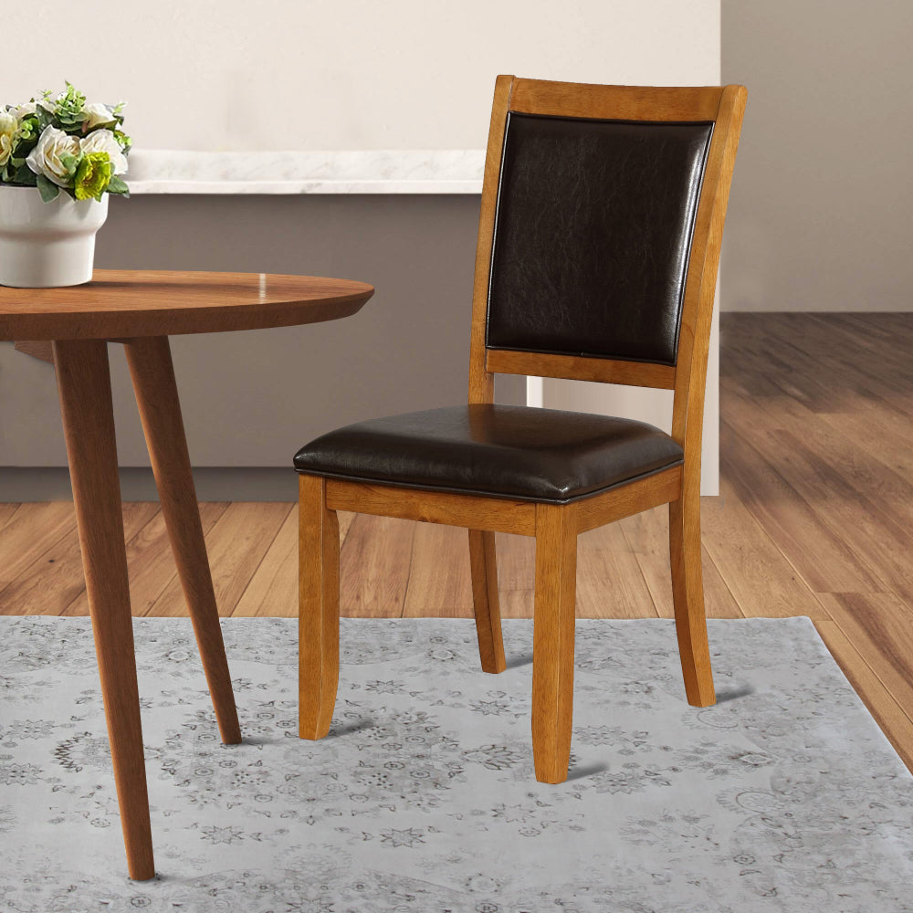 19 Inch Dining Chair, Set of 2, Brown Wood Frame, Faux Leather Seating - BM296728