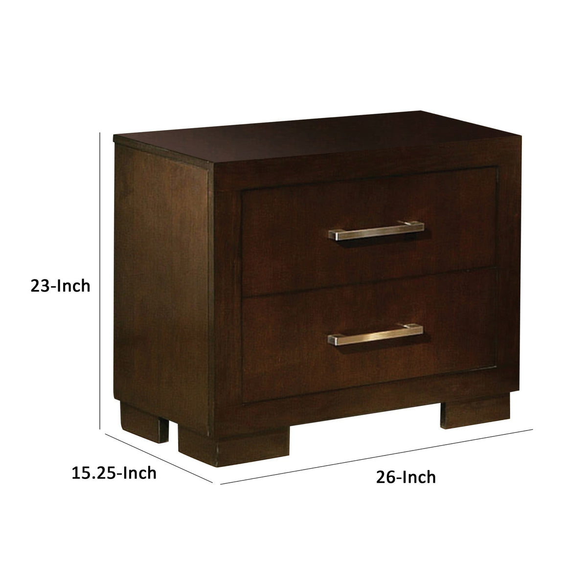 Bela 26 Inch 2 Drawer Nightstand, Felt Lined, Silver Handles, Dark Brown  - BM296750