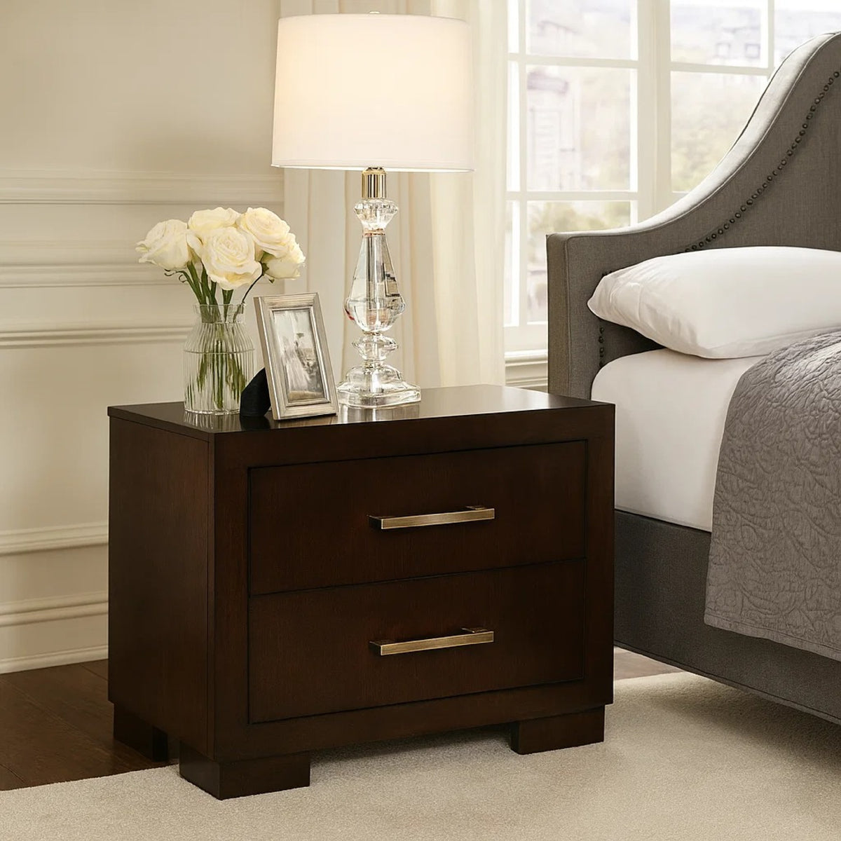 Bela 26 Inch 2 Drawer Nightstand, Felt Lined, Silver Handles, Dark Brown  - BM296750