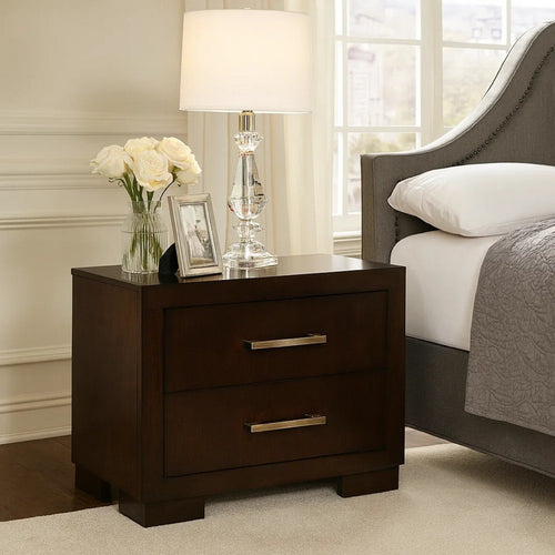 Bela 26 Inch 2 Drawer Nightstand, Felt Lined, Silver Handles, Dark Brown  - BM296750