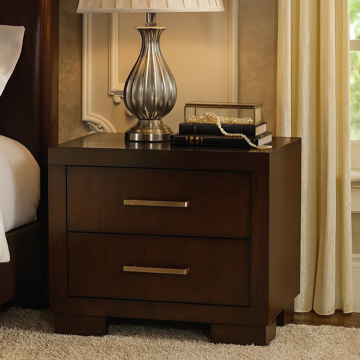 Bela 26 Inch 2 Drawer Nightstand, Felt Lined, Silver Handles, Dark Brown  - BM296750