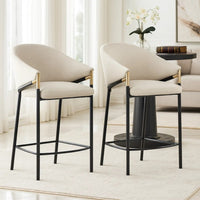 Fil 27 Inch Counter Height Stools, Set of 2, Padded Curved Back, Beige Linen - BM296781