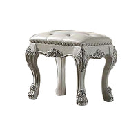 Aurora 20 Inch Carved Wood Vanity Stool, Faux Leather, Claw Feet, White - BM296834