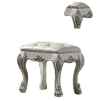 Aurora 20 Inch Carved Wood Vanity Stool, Faux Leather, Claw Feet, White - BM296834