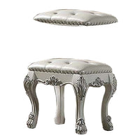Aurora 20 Inch Carved Wood Vanity Stool, Faux Leather, Claw Feet, White - BM296834