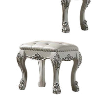 Aurora 20 Inch Carved Wood Vanity Stool, Faux Leather, Claw Feet, White - BM296834