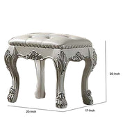 Aurora 20 Inch Carved Wood Vanity Stool, Faux Leather, Claw Feet, White - BM296834