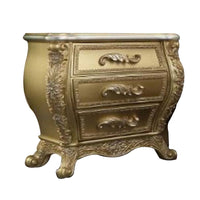 Vega 32 Inch Nightstand, 3 Drawers, Scrolled Elegant Gold Floral Motifs - BM296857