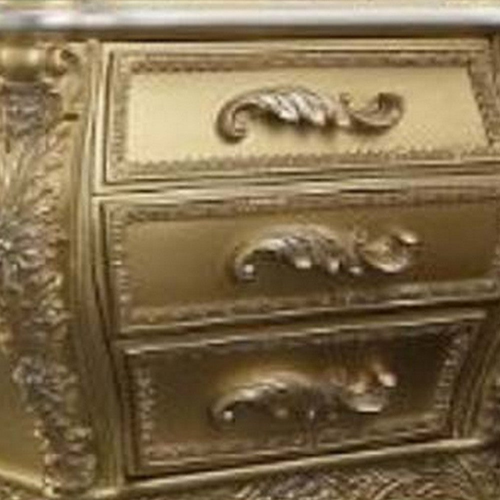 Vega 32 Inch Nightstand, 3 Drawers, Scrolled Elegant Gold Floral Motifs - BM296857