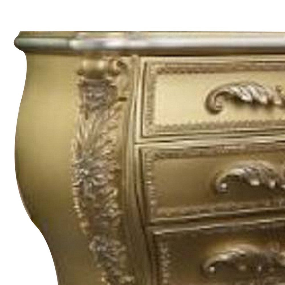 Vega 32 Inch Nightstand, 3 Drawers, Scrolled Elegant Gold Floral Motifs - BM296857