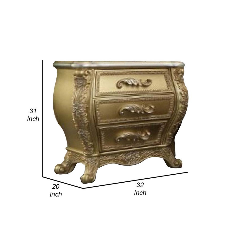 Vega 32 Inch Nightstand, 3 Drawers, Scrolled Elegant Gold Floral Motifs - BM296857