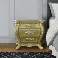 Vega 32 Inch Nightstand, 3 Drawers, Scrolled Elegant Gold Floral Motifs - BM296857
