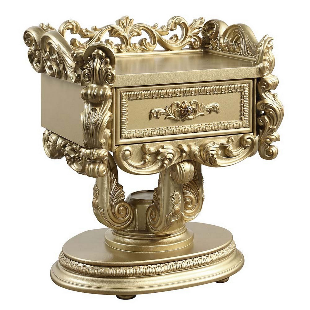 Altair 36 Inch Luxury Nightstand, 1 Drawer, Scrolled Motifs, Gold Finish - BM296859