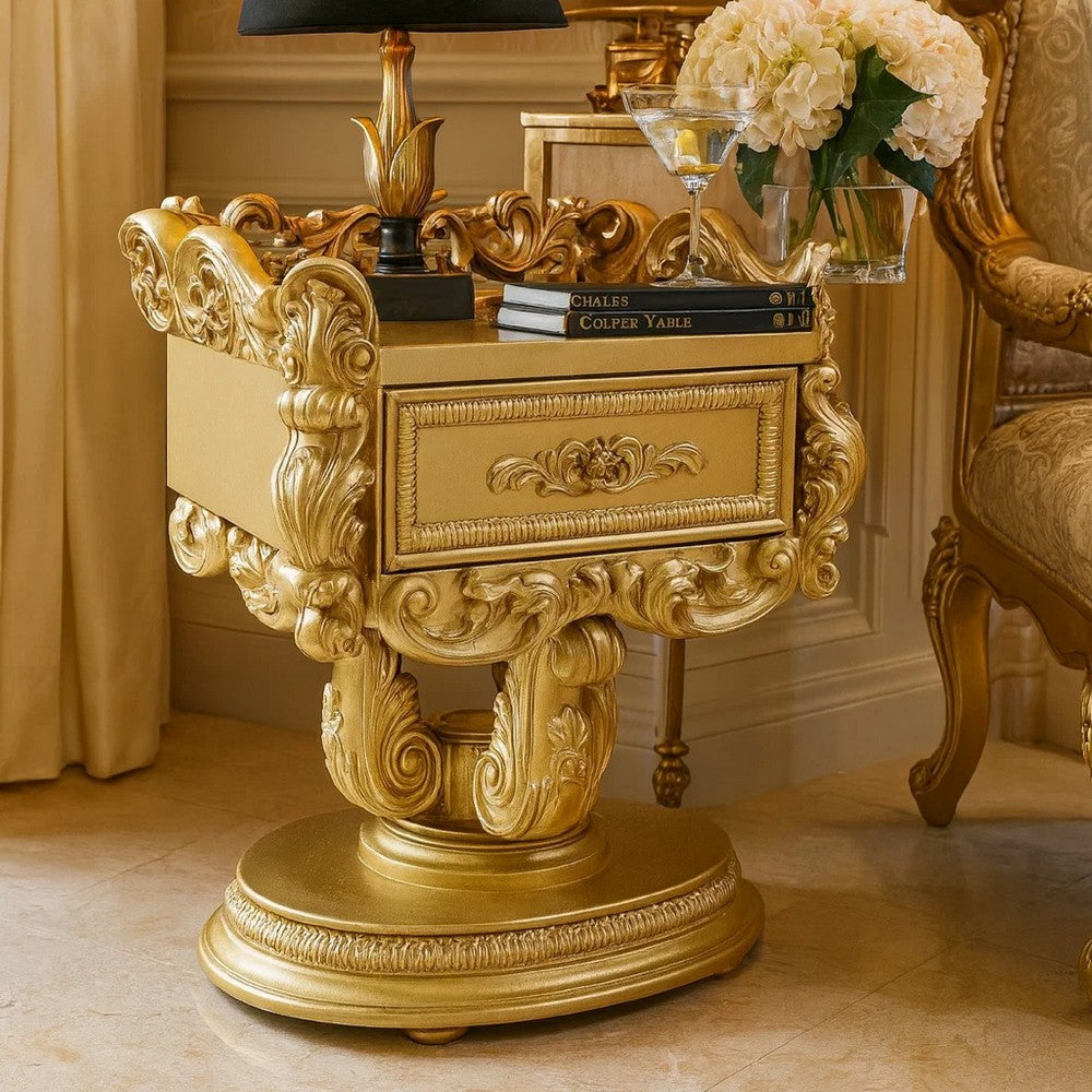 Altair 36 Inch Luxury Nightstand, 1 Drawer, Scrolled Motifs, Gold Finish - BM296859