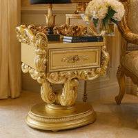 Altair 36 Inch Luxury Nightstand, 1 Drawer, Scrolled Motifs, Gold Finish - BM296859