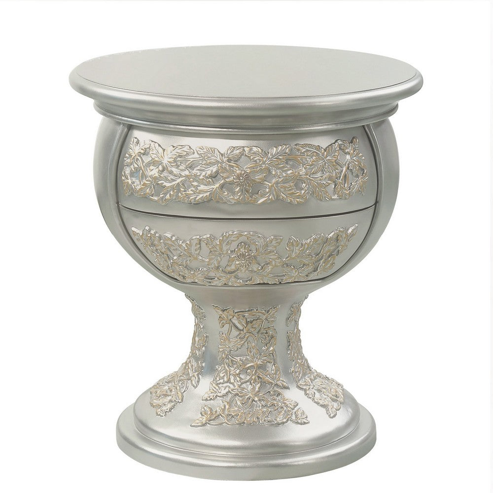 Deneb 30 Inch Luxury Round Nightstand, Gold Floral Motifs, Vintage Silver - BM296862