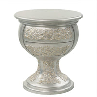 Deneb 30 Inch Luxury Round Nightstand, Gold Floral Motifs, Vintage Silver - BM296862