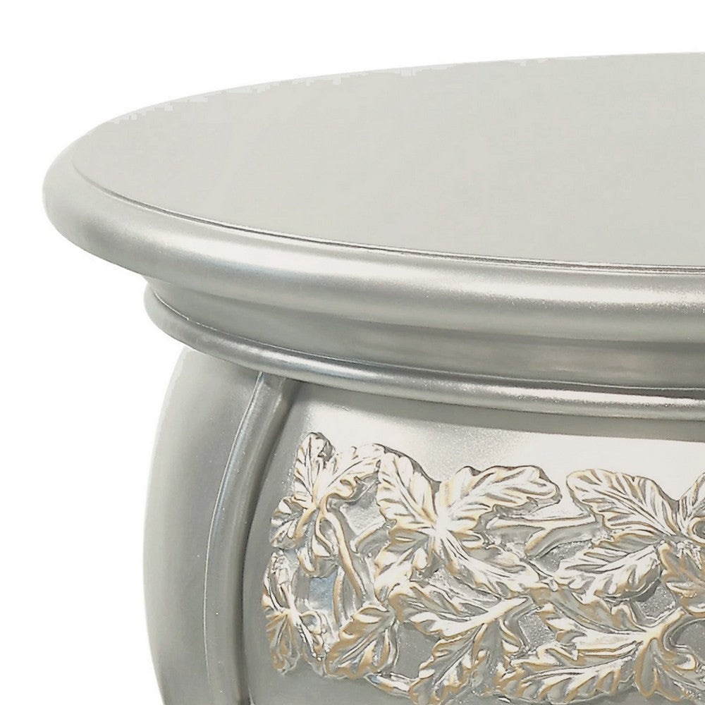 Deneb 30 Inch Luxury Round Nightstand, Gold Floral Motifs, Vintage Silver - BM296862