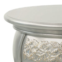 Deneb 30 Inch Luxury Round Nightstand, Gold Floral Motifs, Vintage Silver - BM296862