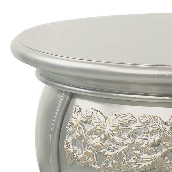 Deneb 30 Inch Luxury Round Nightstand, Gold Floral Motifs, Vintage Silver - BM296862