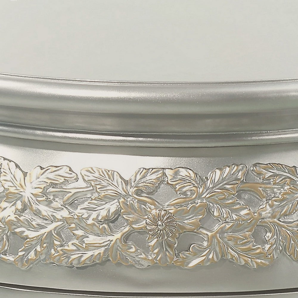 Deneb 30 Inch Luxury Round Nightstand, Gold Floral Motifs, Vintage Silver - BM296862