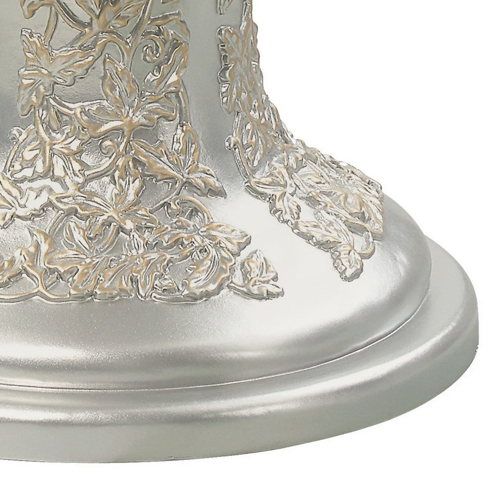 Deneb 30 Inch Luxury Round Nightstand, Gold Floral Motifs, Vintage Silver - BM296862