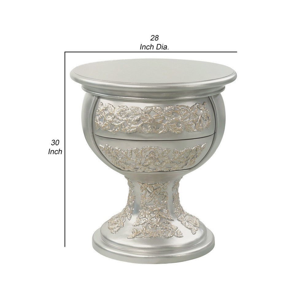 Deneb 30 Inch Luxury Round Nightstand, Gold Floral Motifs, Vintage Silver - BM296862