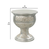 Deneb 30 Inch Luxury Round Nightstand, Gold Floral Motifs, Vintage Silver - BM296862