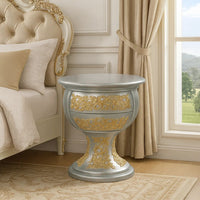Deneb 30 Inch Luxury Round Nightstand, Gold Floral Motifs, Vintage Silver - BM296862
