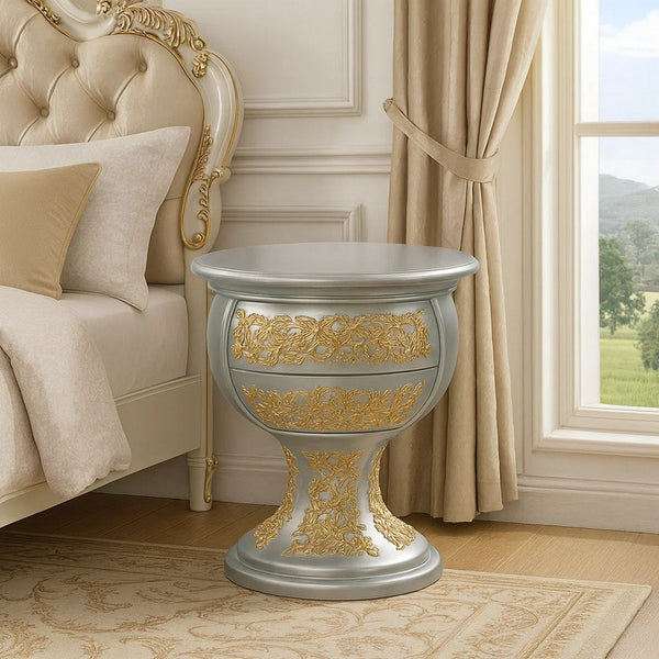 Deneb 30 Inch Luxury Round Nightstand, Gold Floral Motifs, Vintage Silver - BM296862