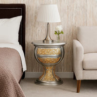Deneb 30 Inch Luxury Round Nightstand, Gold Floral Motifs, Vintage Silver - BM296862
