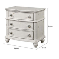 Spica 30 Inch Wood Nightstand, 3 Drawers, Turned Legs, Antique White Finish - BM296864