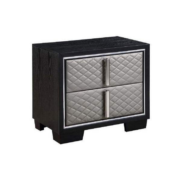 Fiz 28 Inch Modern Nightstand, Quilted Faux Leather Front, Silver, Black  - BM296867