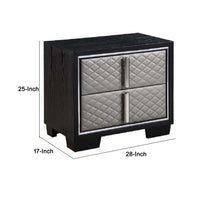 Fiz 28 Inch Modern Nightstand, Quilted Faux Leather Front, Silver, Black  - BM296867